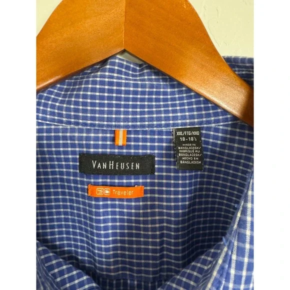 Van Heusen Traveler Dress Shirt XXL 18-18.5 Blue Plaid Button Front - Picture 8 of 8